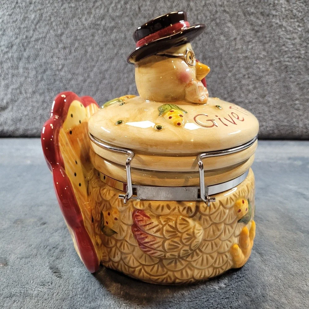 Give Thanks Ceramic Turkey Canister Thanksgiving Autumn Kitchen Jar Airtight Lid